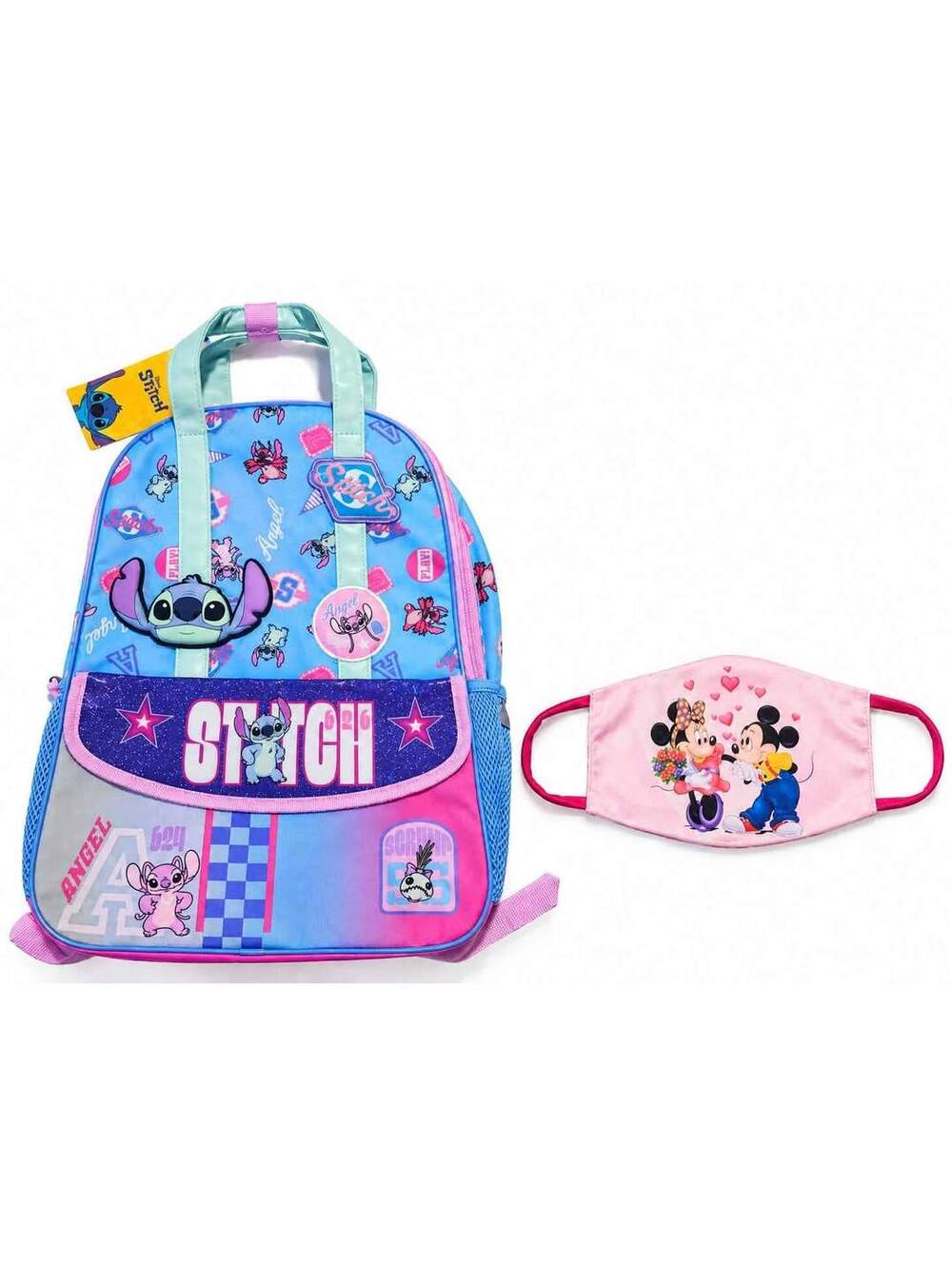 Disney Stitch Kids Backpack Pink Blue with washable face masks